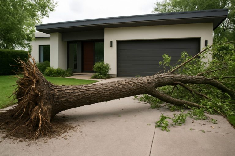 A fallen tree on a driveway in front of a modern house, showing damage from a storm.