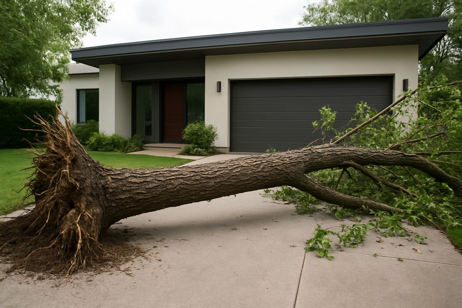 A fallen tree on a driveway in front of a modern house, showing damage from a storm.