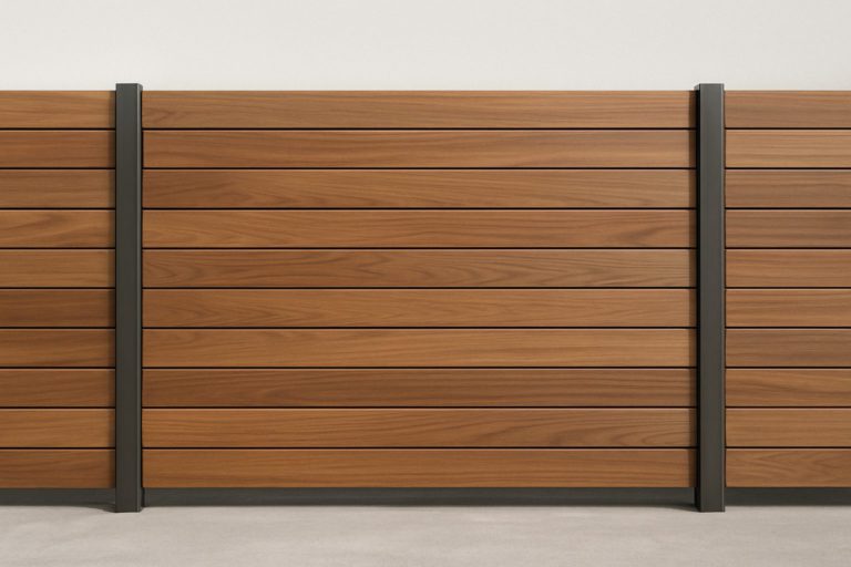 Close-up view of a wooden privacy fence with horizontal slats and metal posts