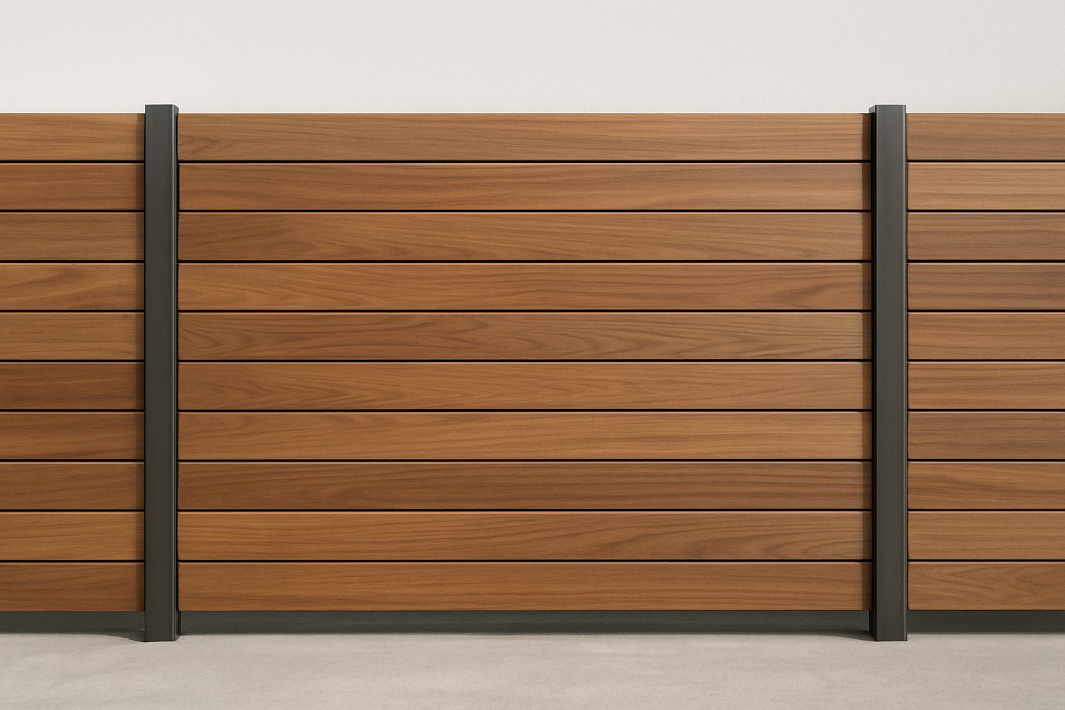 Close-up view of a wooden privacy fence with horizontal slats and metal posts