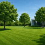well-maintained green lawn with neatly trimmed grass and trees in a sunny landscape