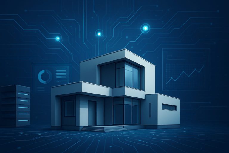Modern architectural design of a house with digital elements in the background
