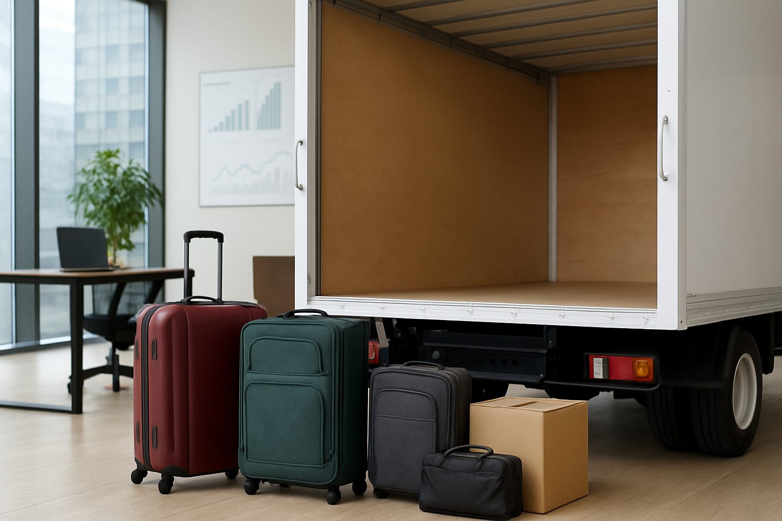 Moving truck with various pieces of luggage and a box in a modern office space
