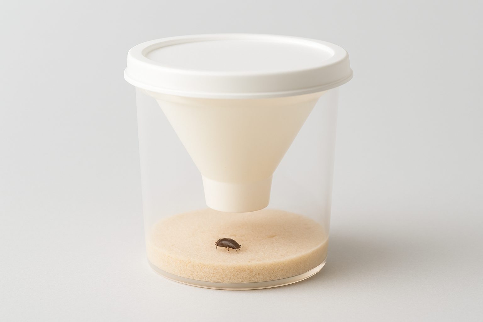 Tobacco beetle trap with a beetle inside a clear container